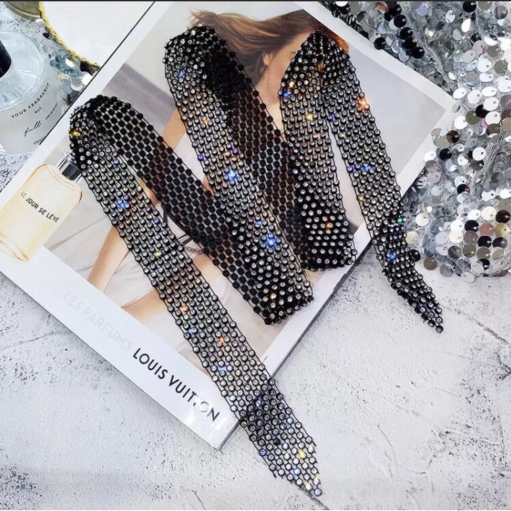 New Long black diamond CZ sapphire wrap around crystal versatile scarf belt - Picture 2 of 3